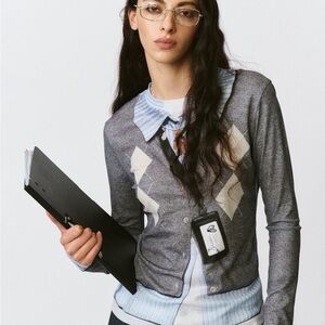 Gray Argyle Two-in- one Cardigan top